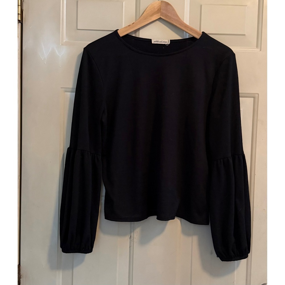 Pebble & Stone Black Balloon Sleeve Crew Neck Top Knit Blouse Sz Small USA Made